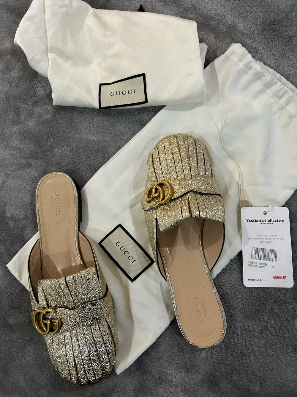 Gucci Marmont metallic Fringe mules Size 40